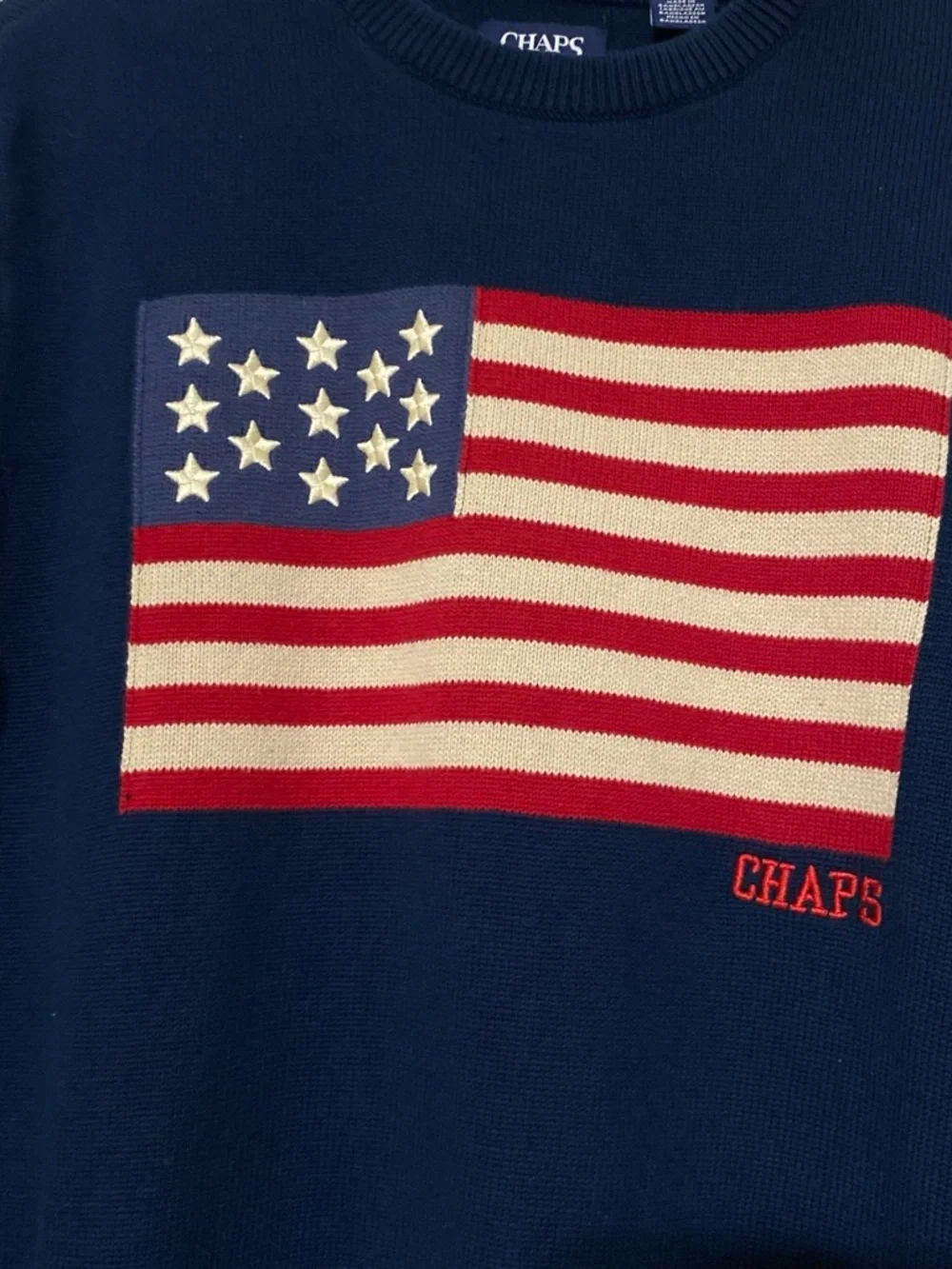 Chaps Men's Navy Sweater with Red, White & Blue Flag Graphic